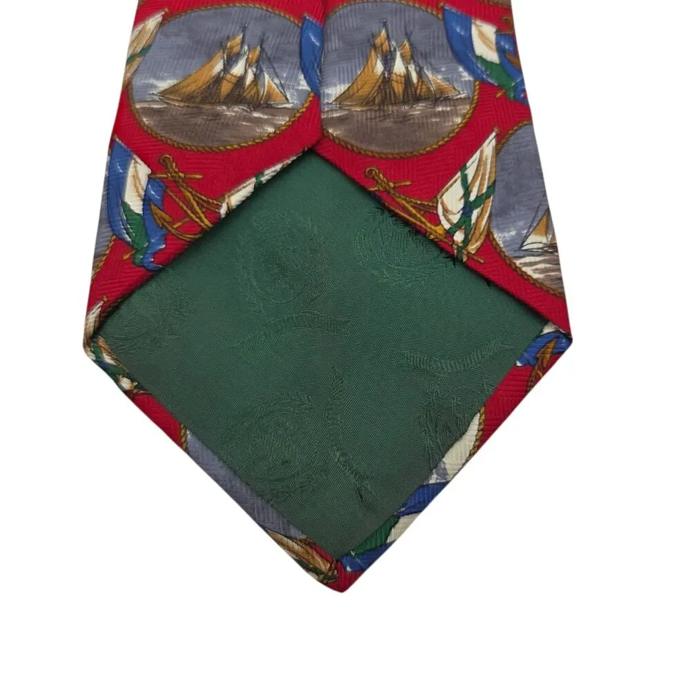 Vintage Tommy Hilfiger Mens Silk Tie Red Nautical Sailboat Ship Flag Made In USA